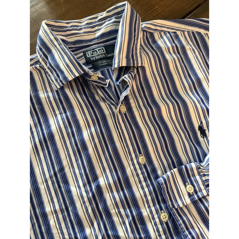 Polo Ralph Lauren Shirt Mens Large Blue Striped Long Sleeve Stanton Classic Fit